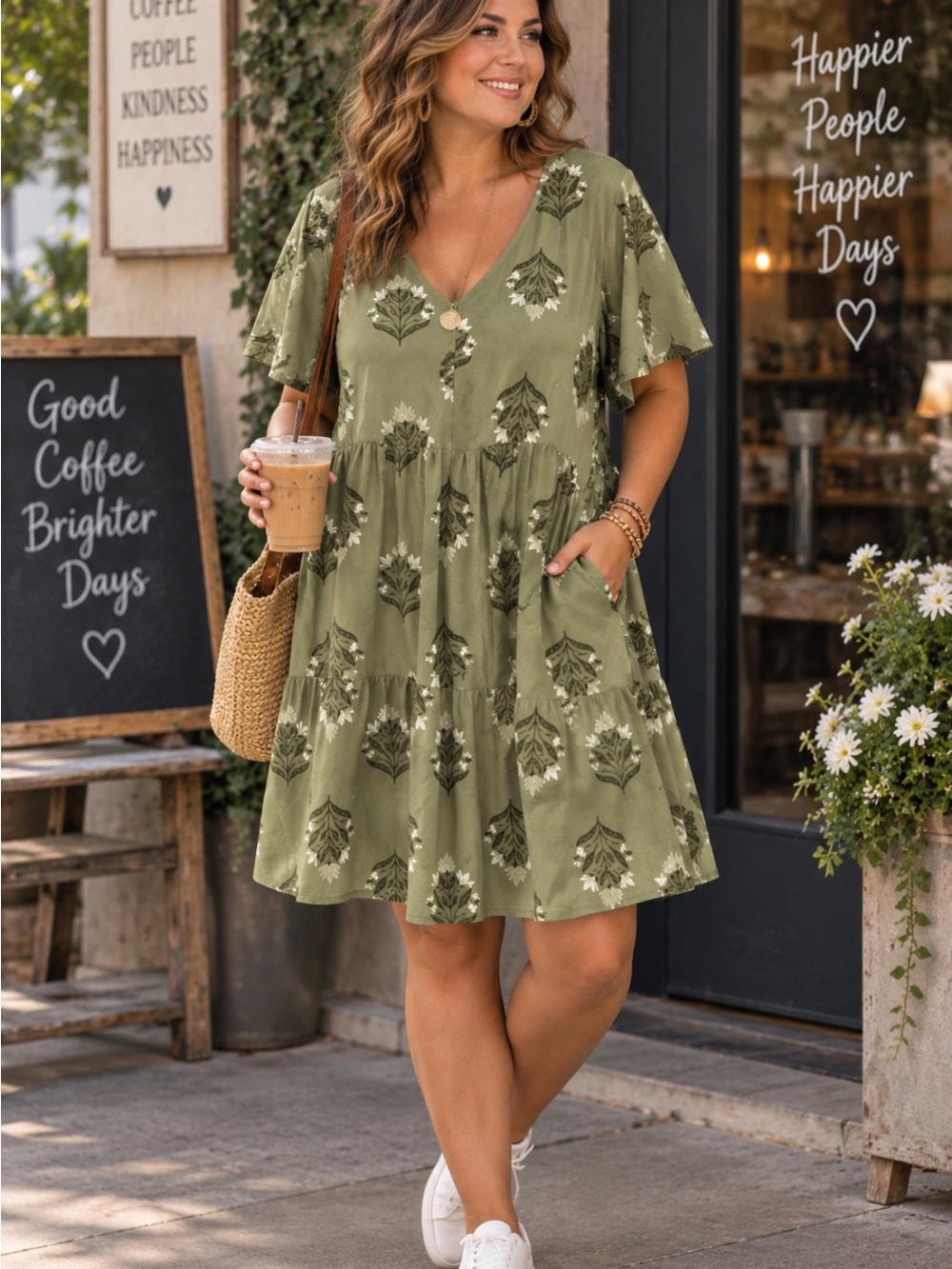 Old Navy Olive Floral Tiered V-Neck Dress